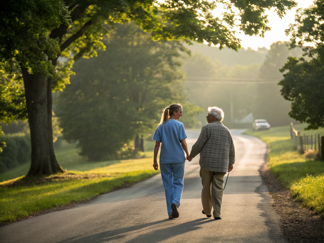 Home health aide walking with a senior resident in Liberty Corner NJ Somerset County