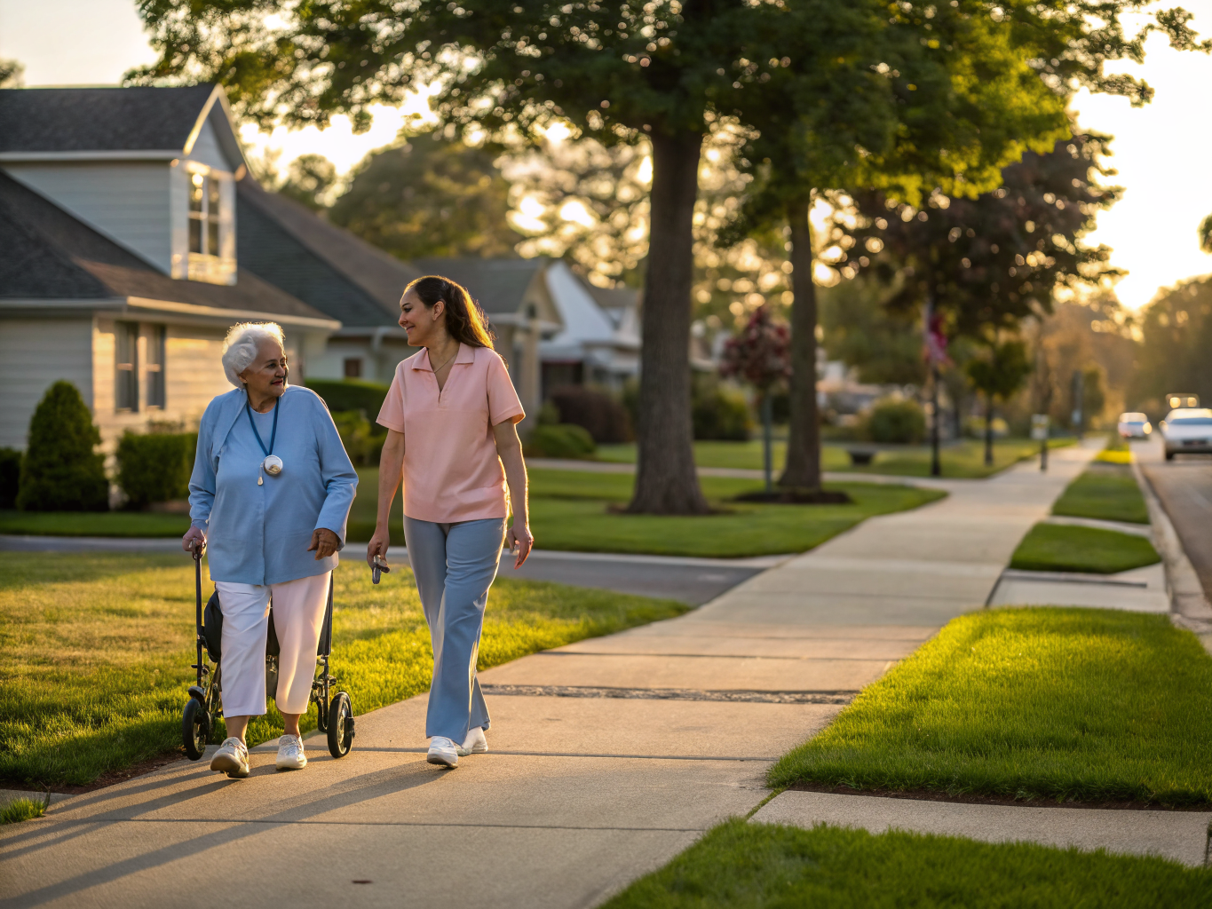 Home health aide walking with a senior resident in Linden NJ Union County