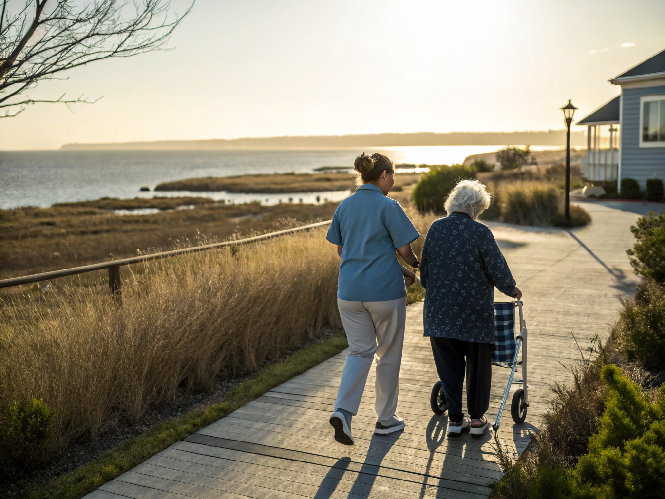 Home health aide walking with a senior resident in Little Egg Harbor NJ Ocean County