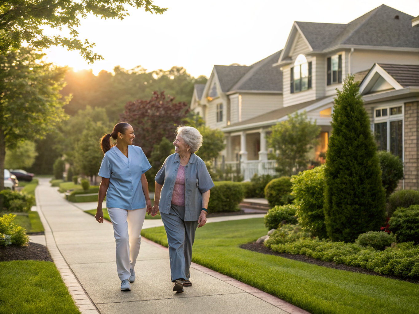 Home health aide walking with a senior resident in Livingston NJ Essex County