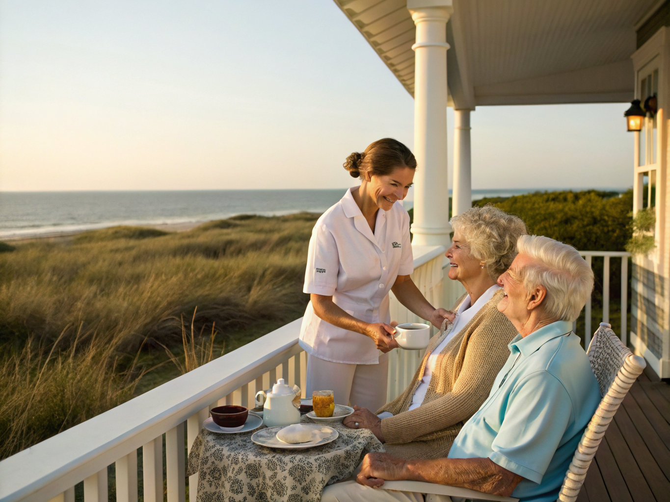 Home health aide walking with a senior resident in Long Beach Township NJ Ocean County