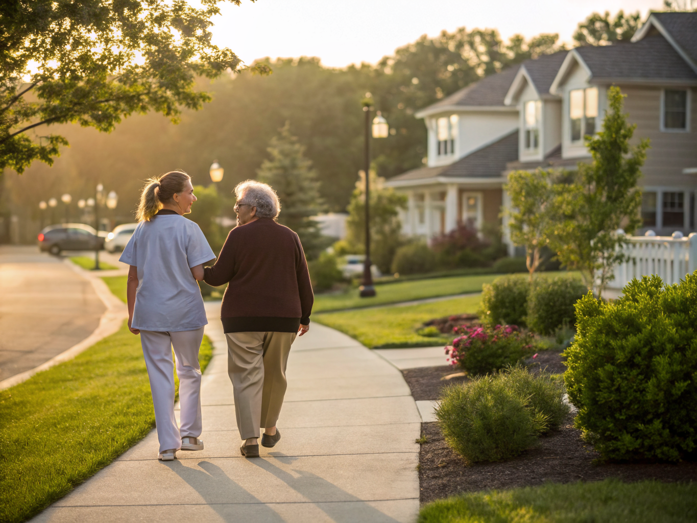 Home health aide walking with a senior resident in Manchester/Whiting NJ Ocean County