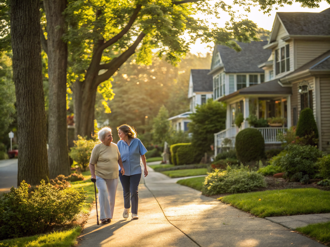 Home health aide walking with a senior resident in Maplewood NJ Essex County