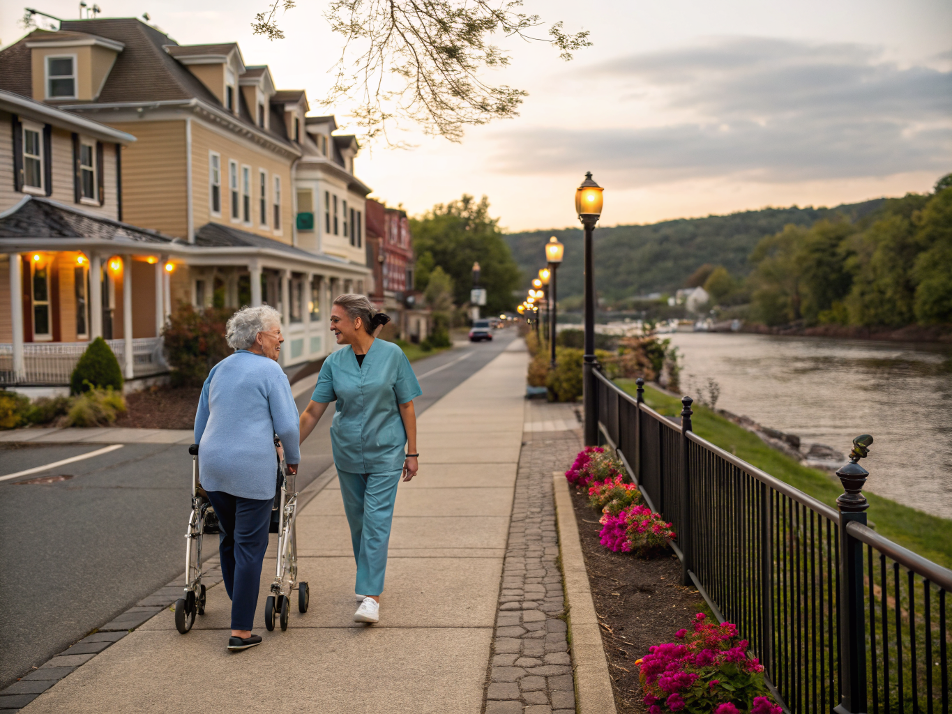 Home health aide walking with a senior resident in Milford NJ Hunterdon County