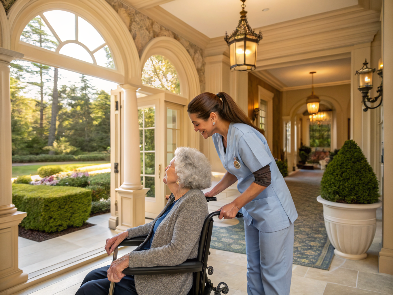 Home health aide walking with a senior resident in Millburn/Short Hills NJ Essex County