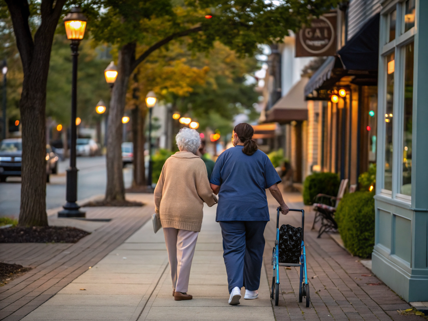 Home health aide walking with a senior resident in Montclair NJ Essex County