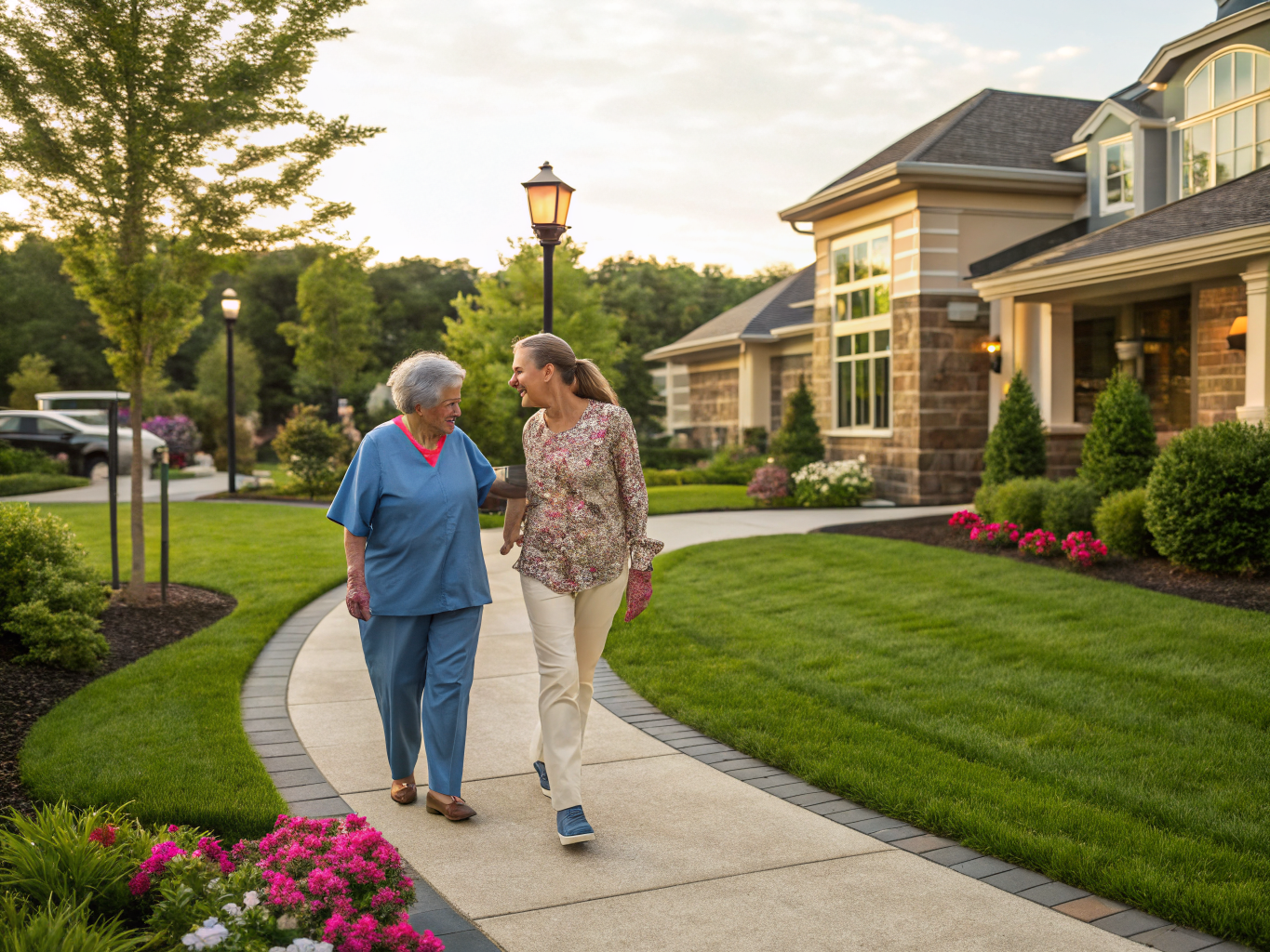 Home health aide walking with a senior resident in Montgomery NJ Somerset County