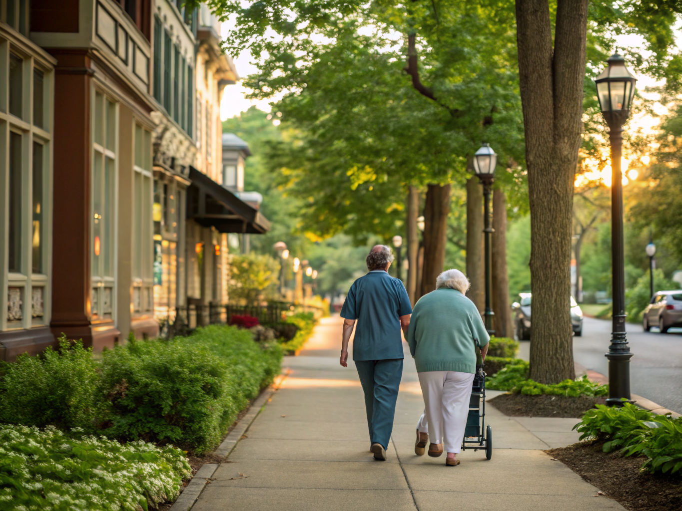 Home health aide walking with a senior resident in Morristown NJ Morris County