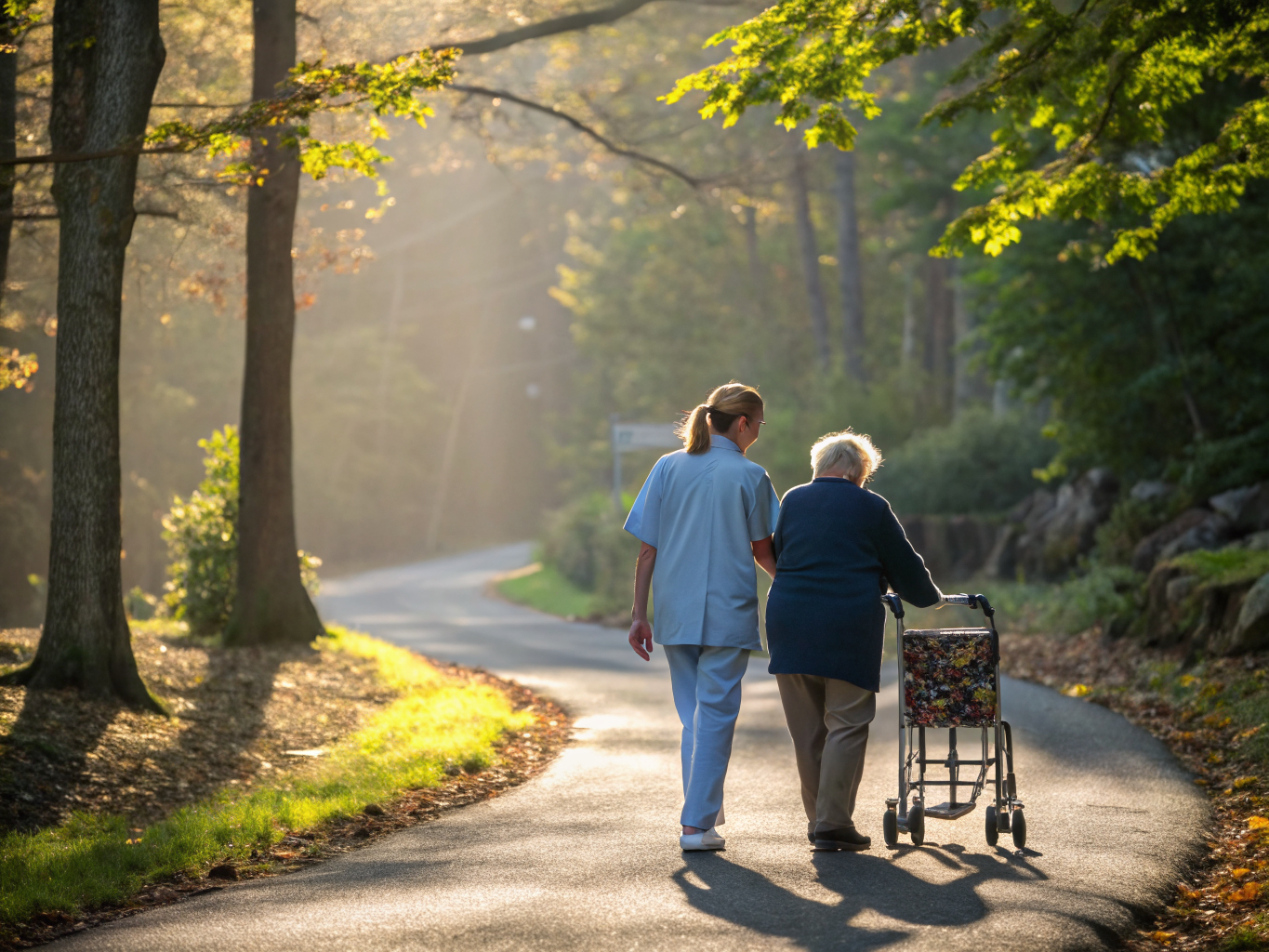 Home health aide walking with a senior resident in Mountainside NJ Union County