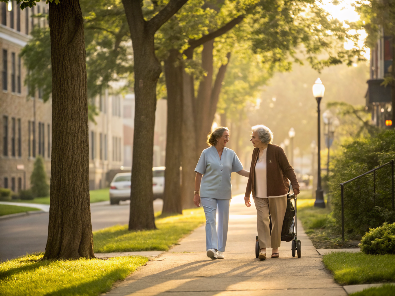 Home health aide walking with a senior resident in New Brunswick NJ Middlesex County