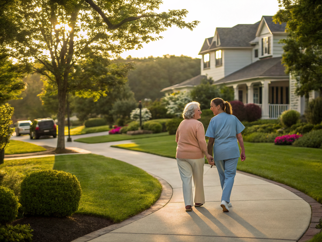 Home health aide walking with a senior resident in New Providence NJ Union County