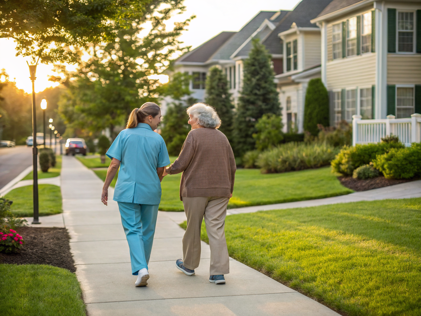 Home health aide walking with a senior resident in Old Bridge NJ Middlesex County
