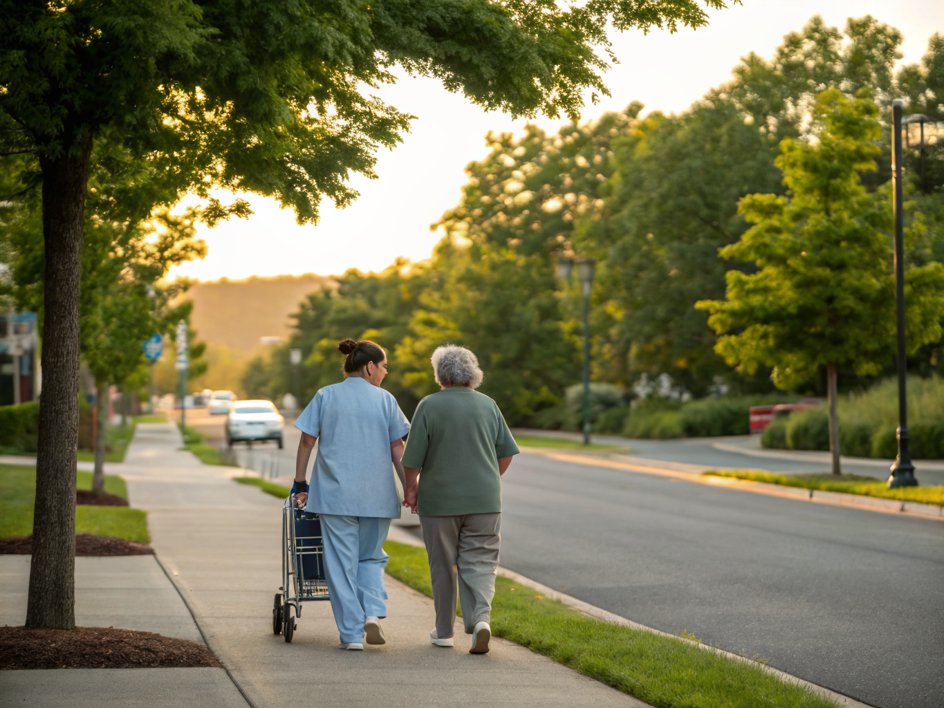 Home health aide walking with a senior resident in Parsippany NJ Morris County