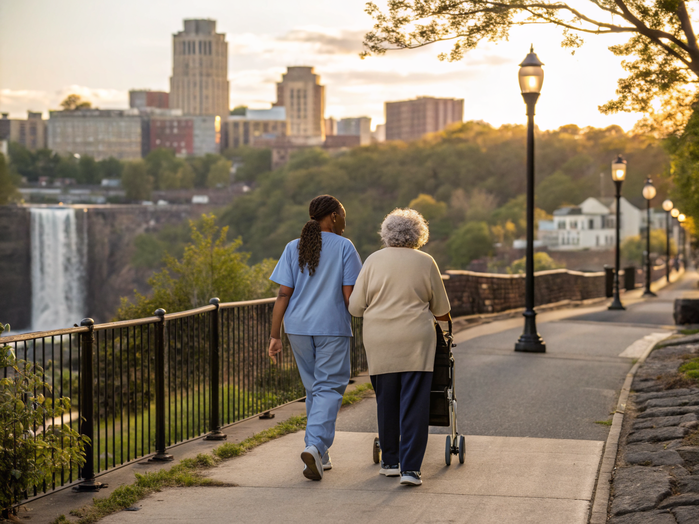 Home health aide walking with a senior resident in Paterson NJ Passaic County
