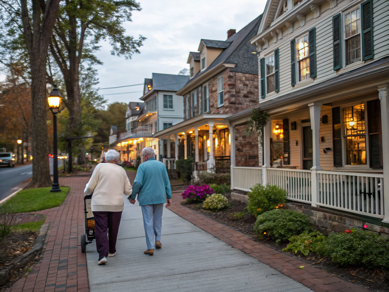 Home health aide walking with a senior resident in Pennington NJ Mercer County