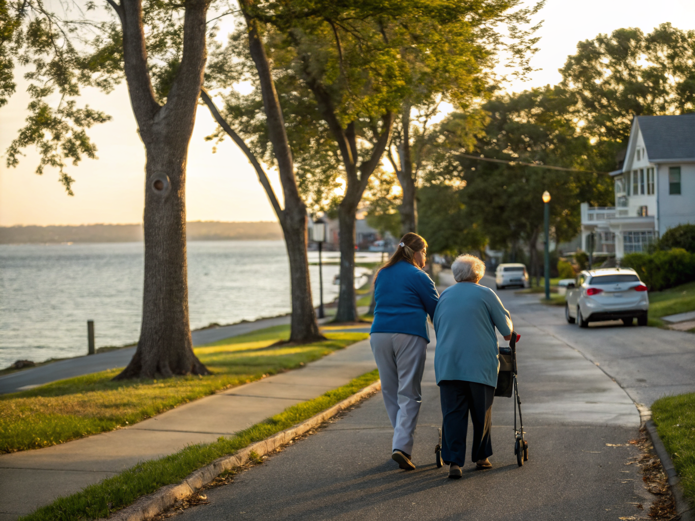 Home health aide walking with a senior resident in Pine Beach NJ Ocean County