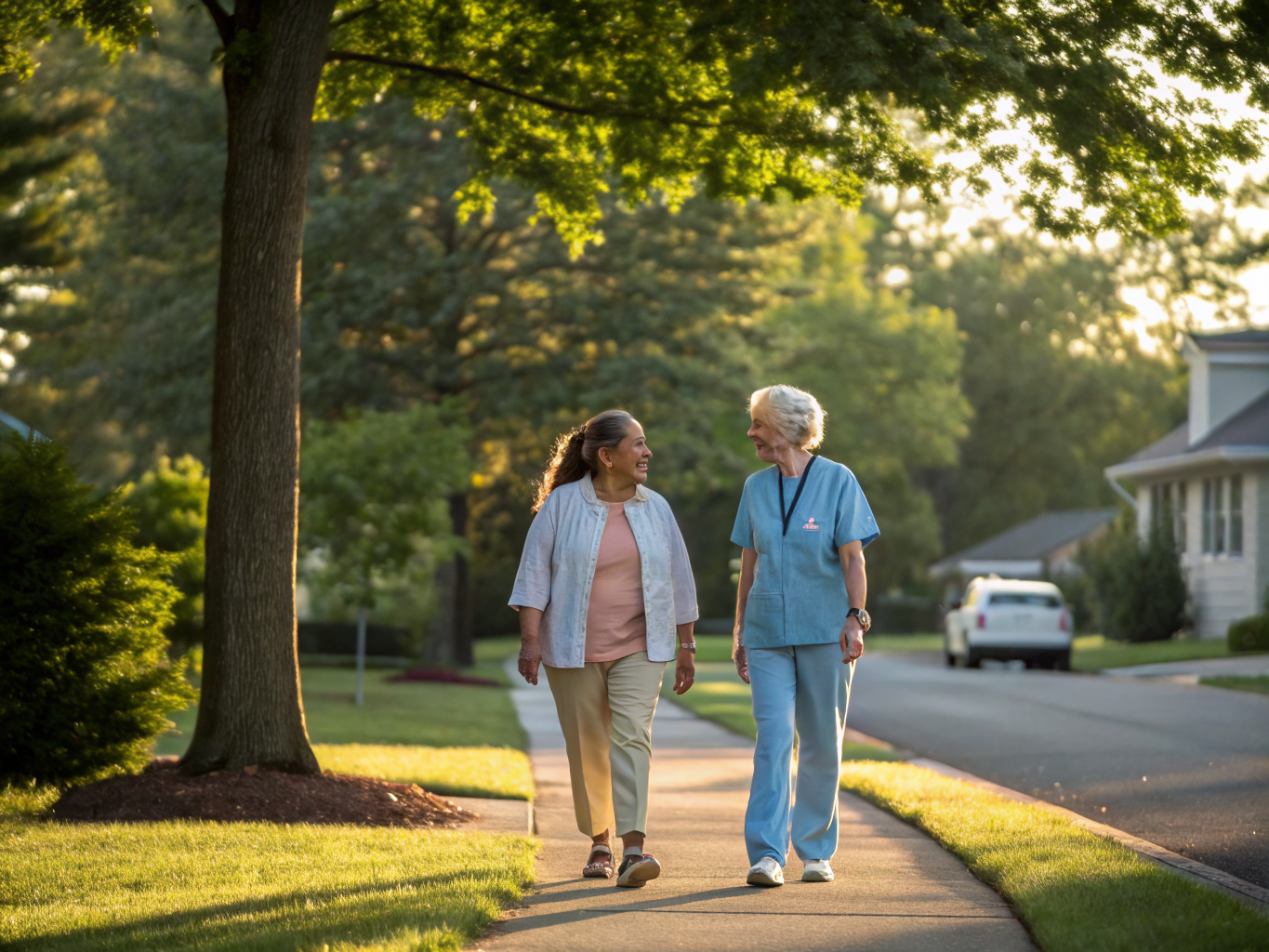 Home health aide walking with a senior resident in Piscataway NJ Middlesex County