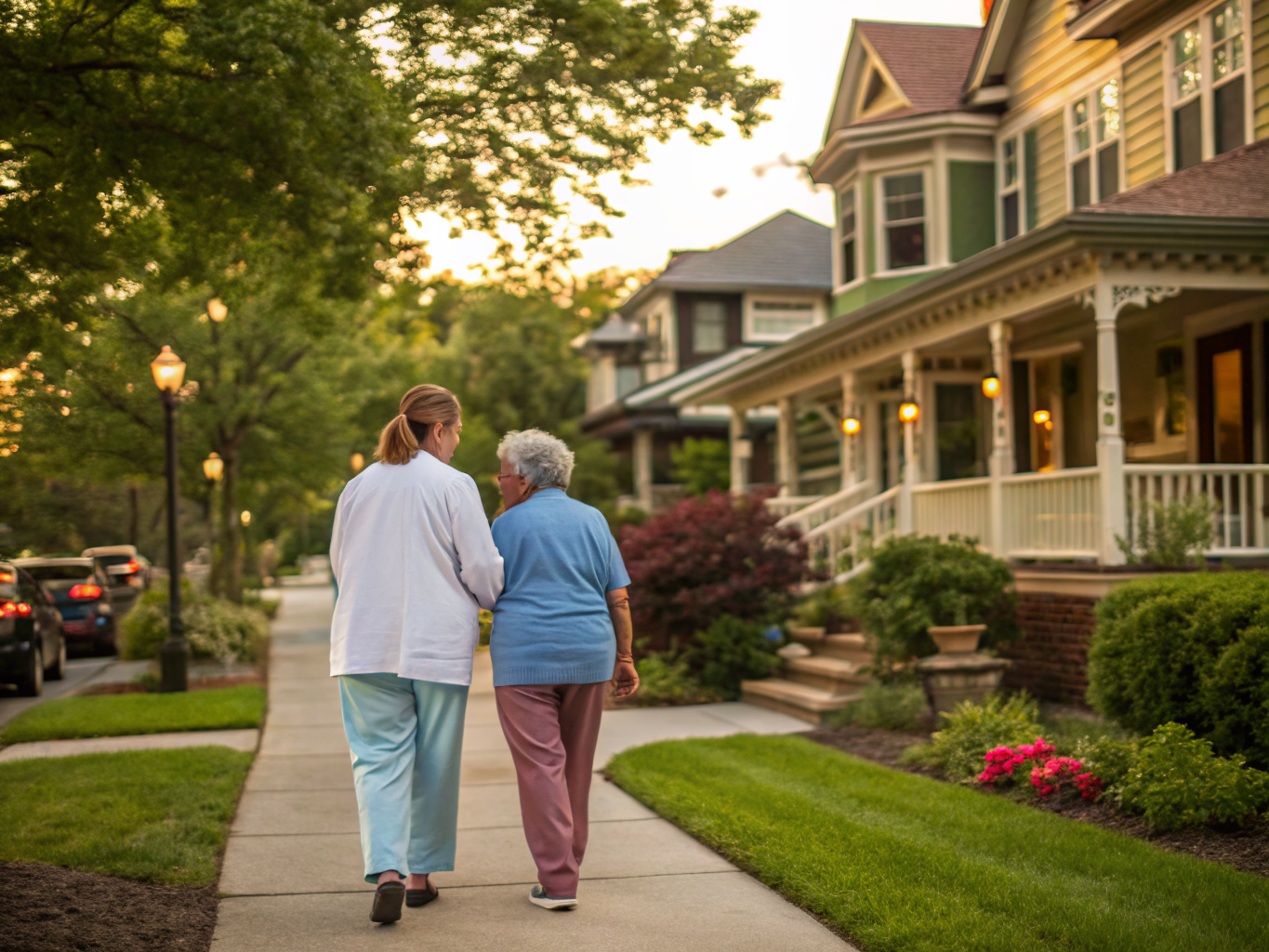 Home health aide walking with a senior resident in Plainfield NJ Union County