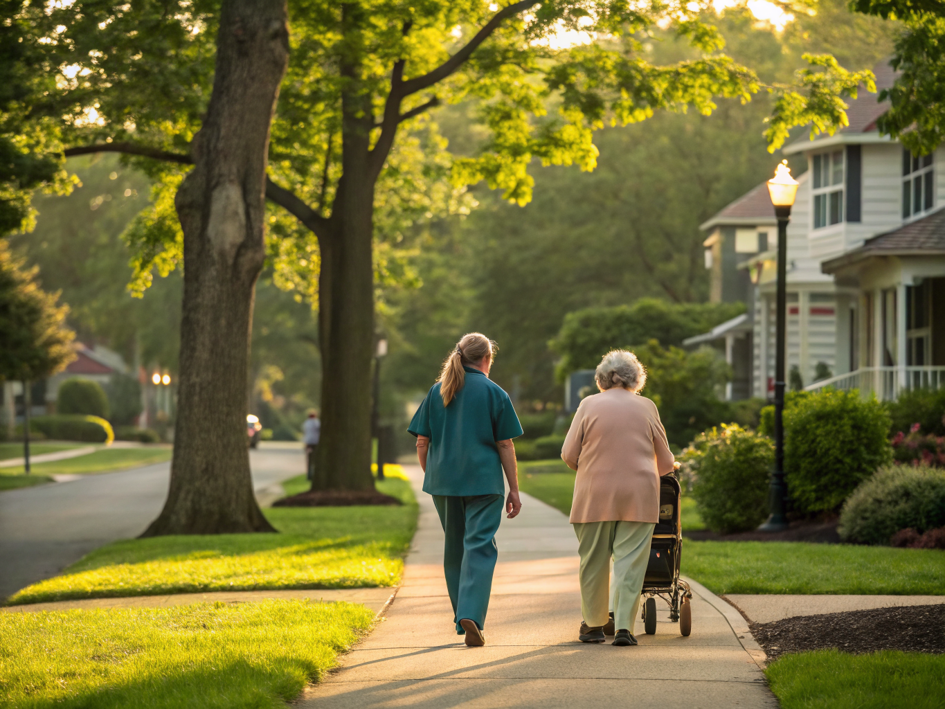 Home health aide walking with a senior resident in Raritan Borough NJ Somerset County