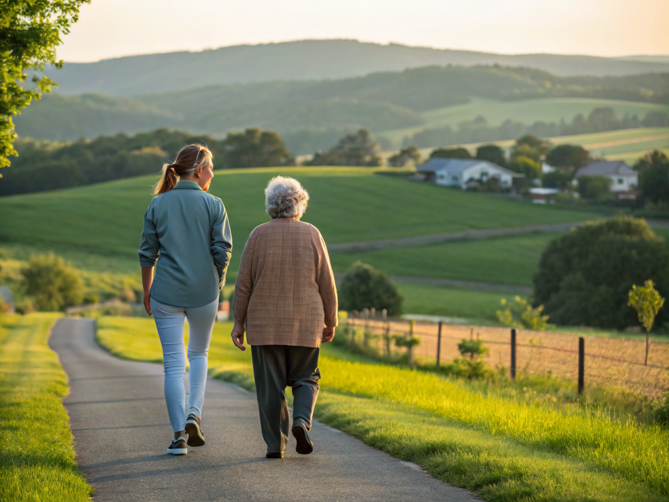 Home health aide walking with a senior resident in Raritan Township NJ Hunterdon County