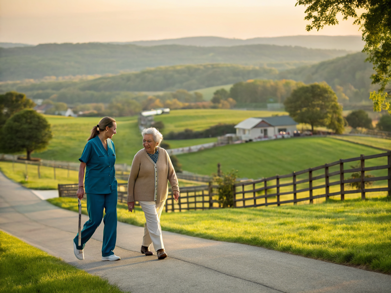 Home health aide walking with a senior resident in Readington Township NJ Hunterdon County