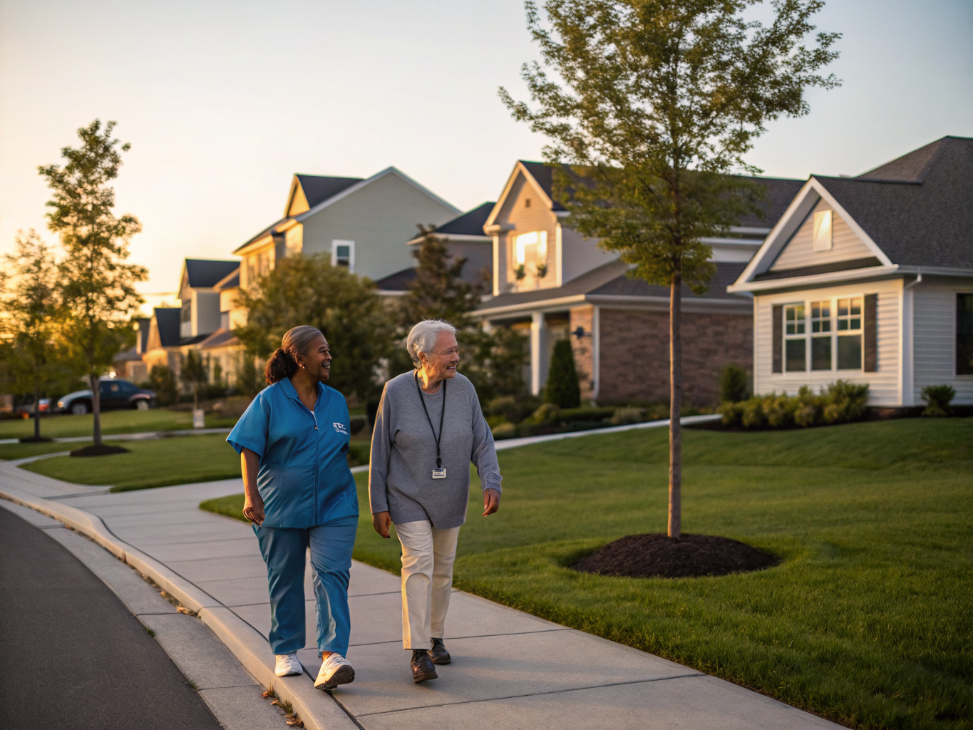 Home health aide walking with a senior resident in Robbinsville NJ Mercer County