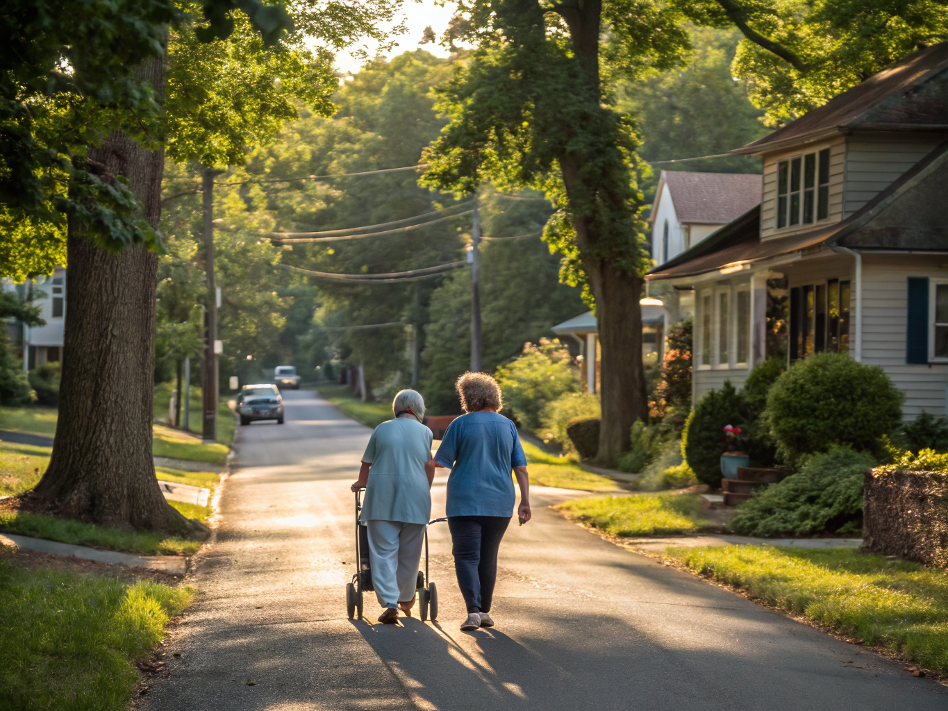 Home health aide walking with a senior resident in Rocky Hill NJ Somerset County
