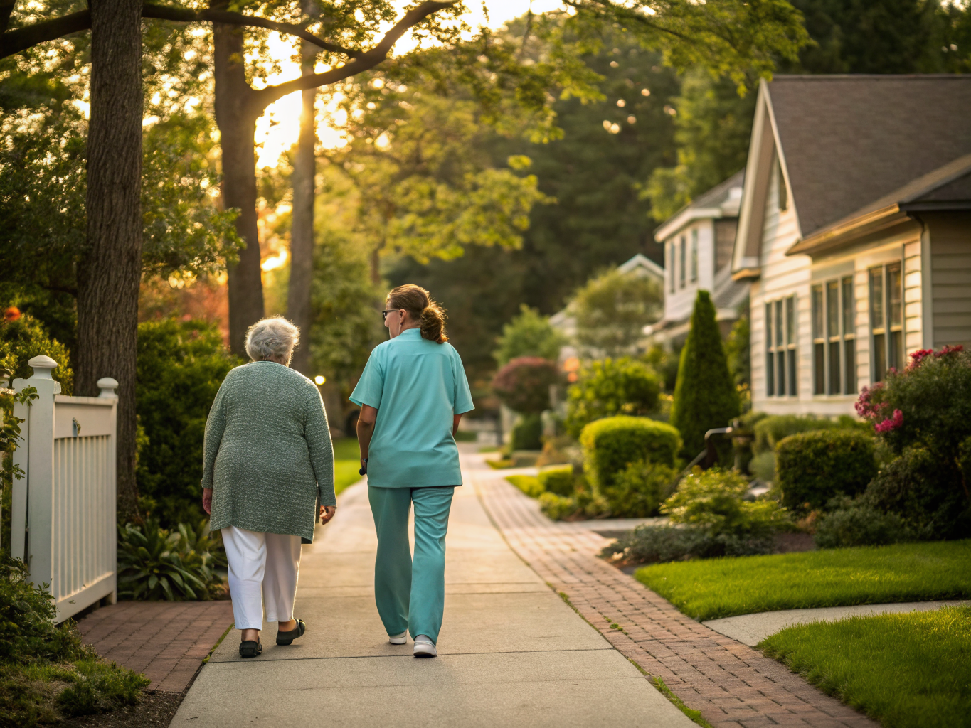 Home health aide walking with a senior resident in Roseland NJ Essex County