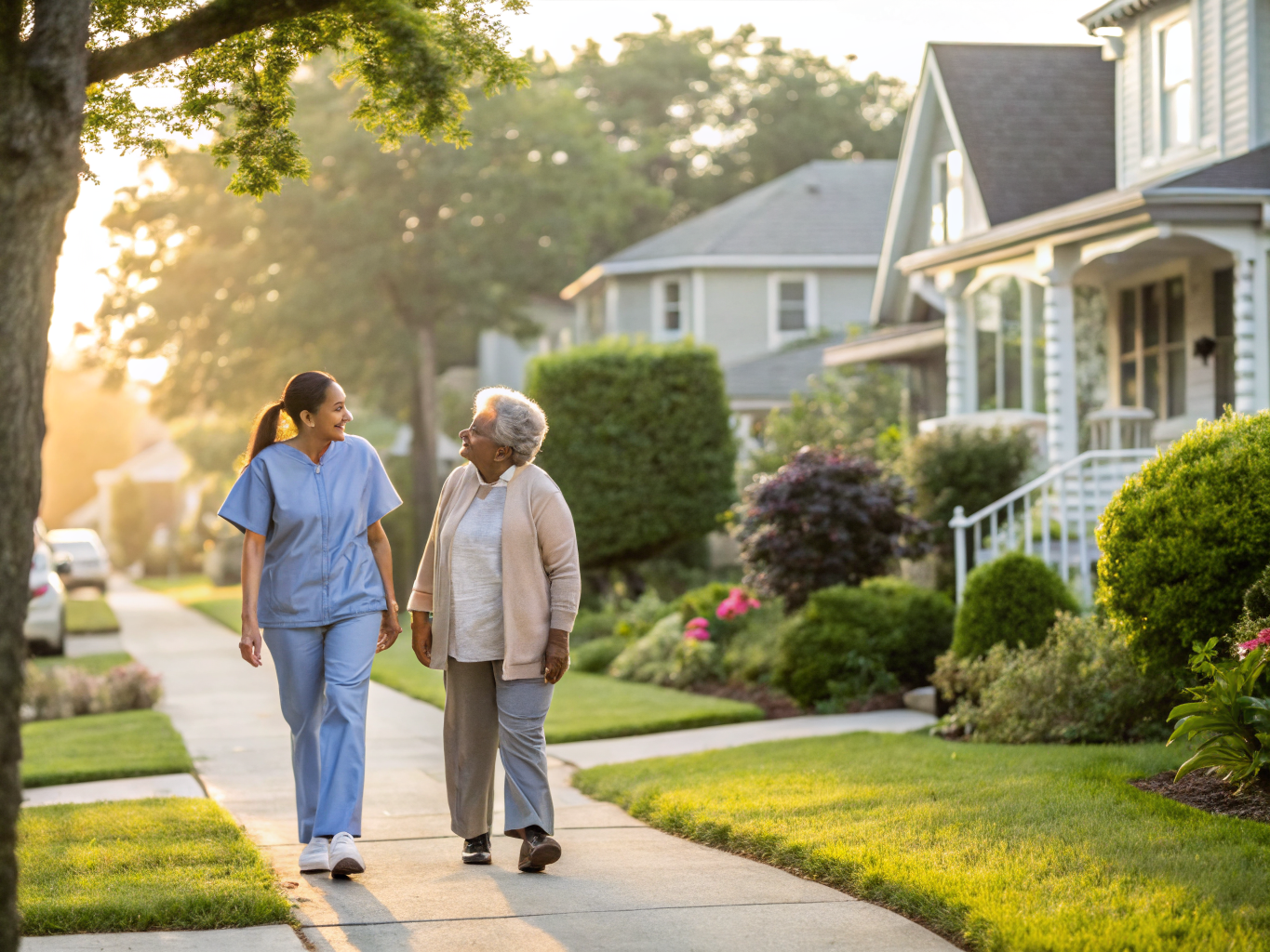 Home health aide walking with a senior resident in Roselle NJ Union County