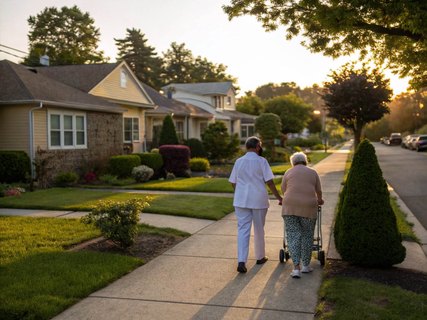 Home health aide walking with a senior resident in Roselle Park NJ Union County