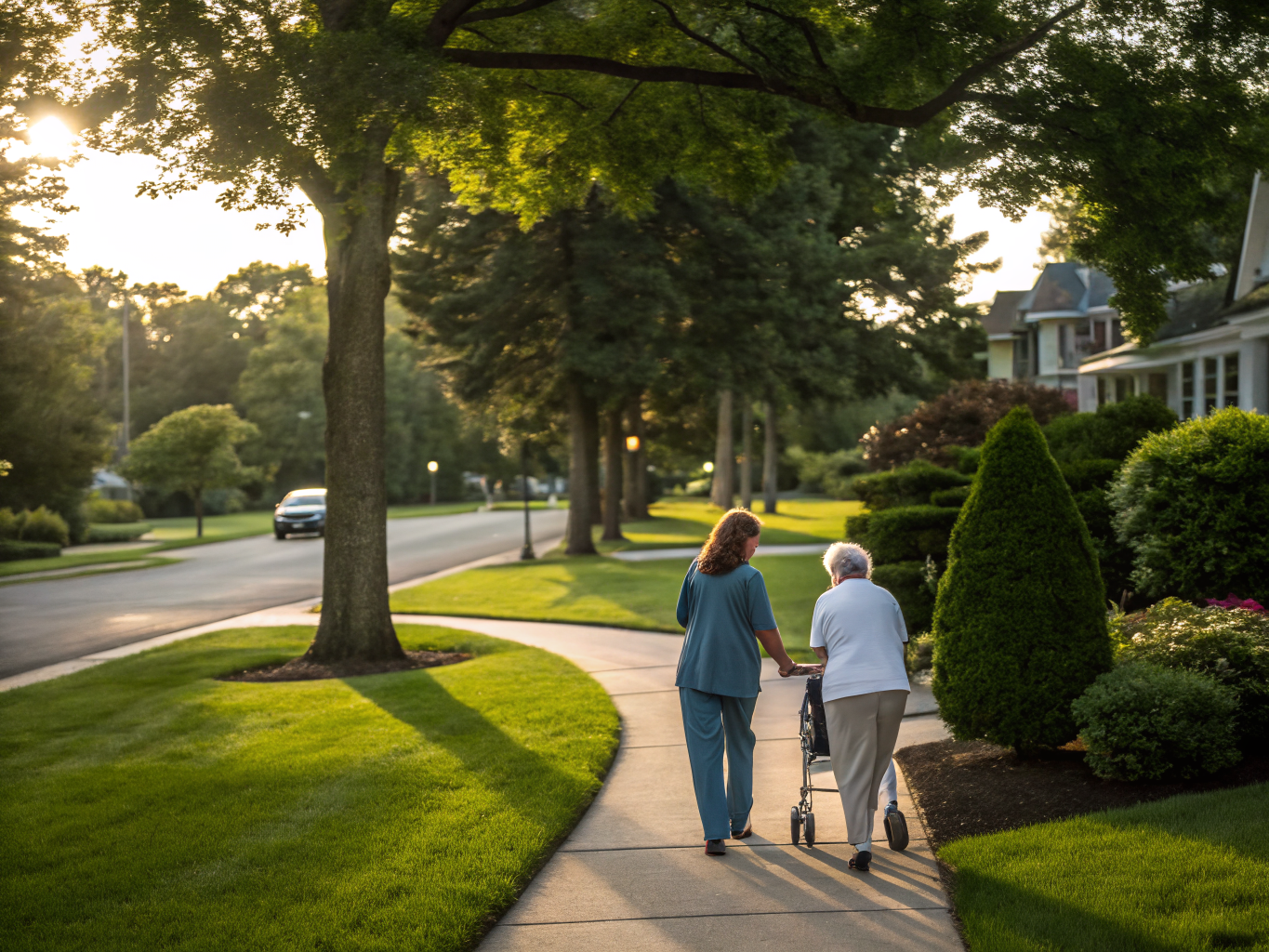 Home health aide walking with a senior resident in Scotch Plains NJ Union County