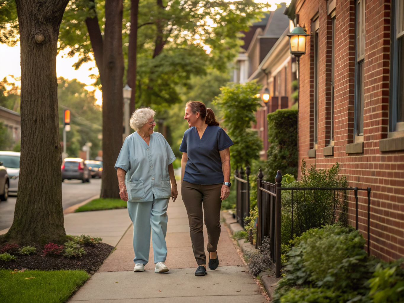 Home health aide walking with a senior resident in Somerville NJ Somerset County