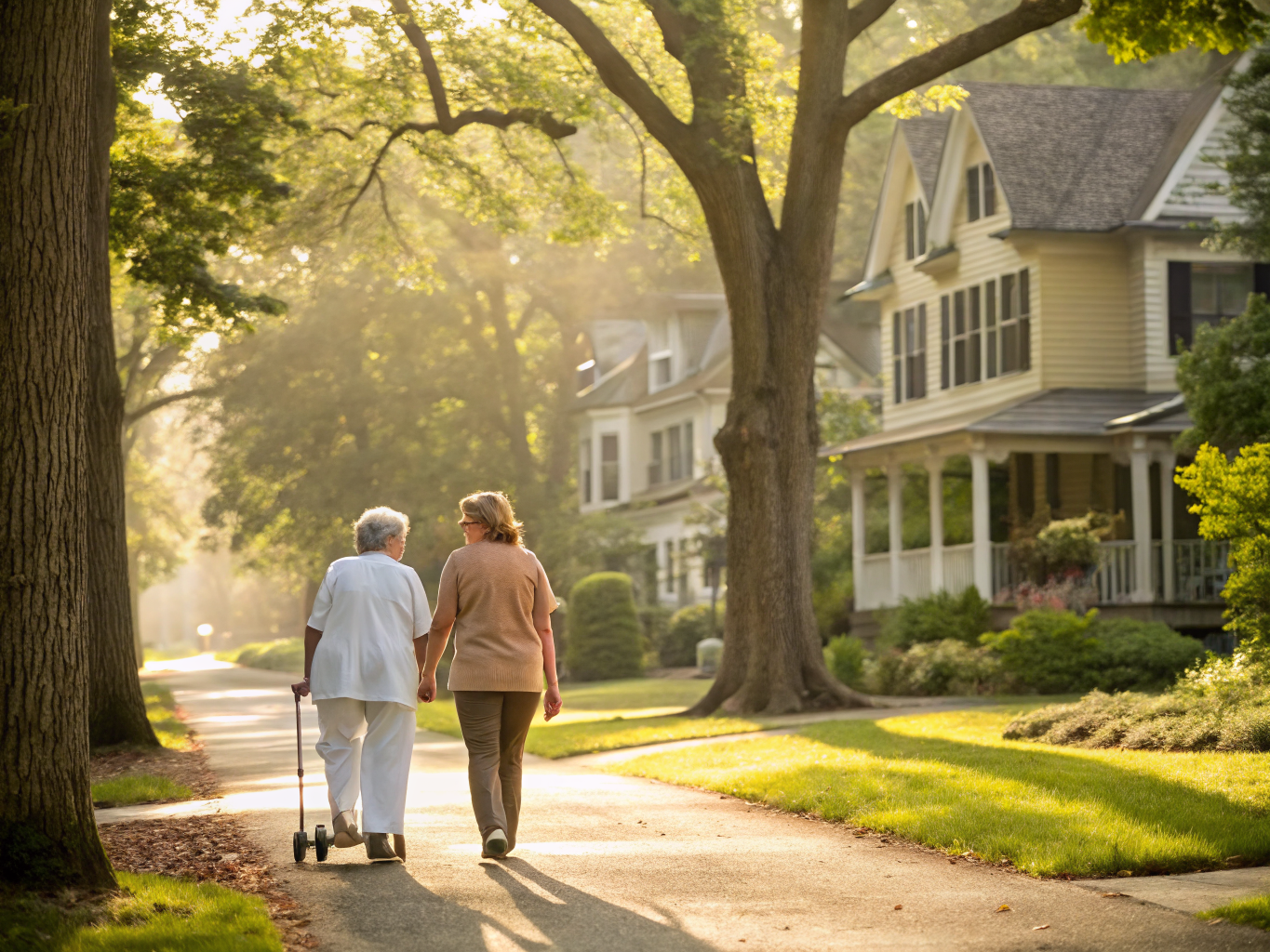 Home health aide walking with a senior resident in South Orange NJ Essex County