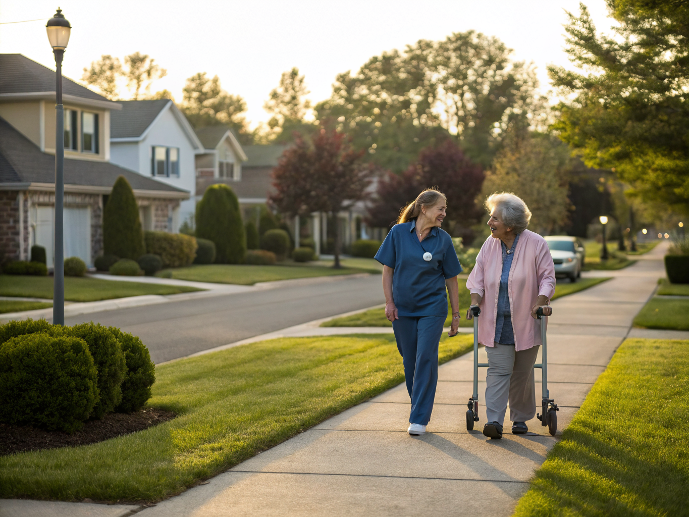 Home health aide walking with a senior resident in Springfield NJ Union County