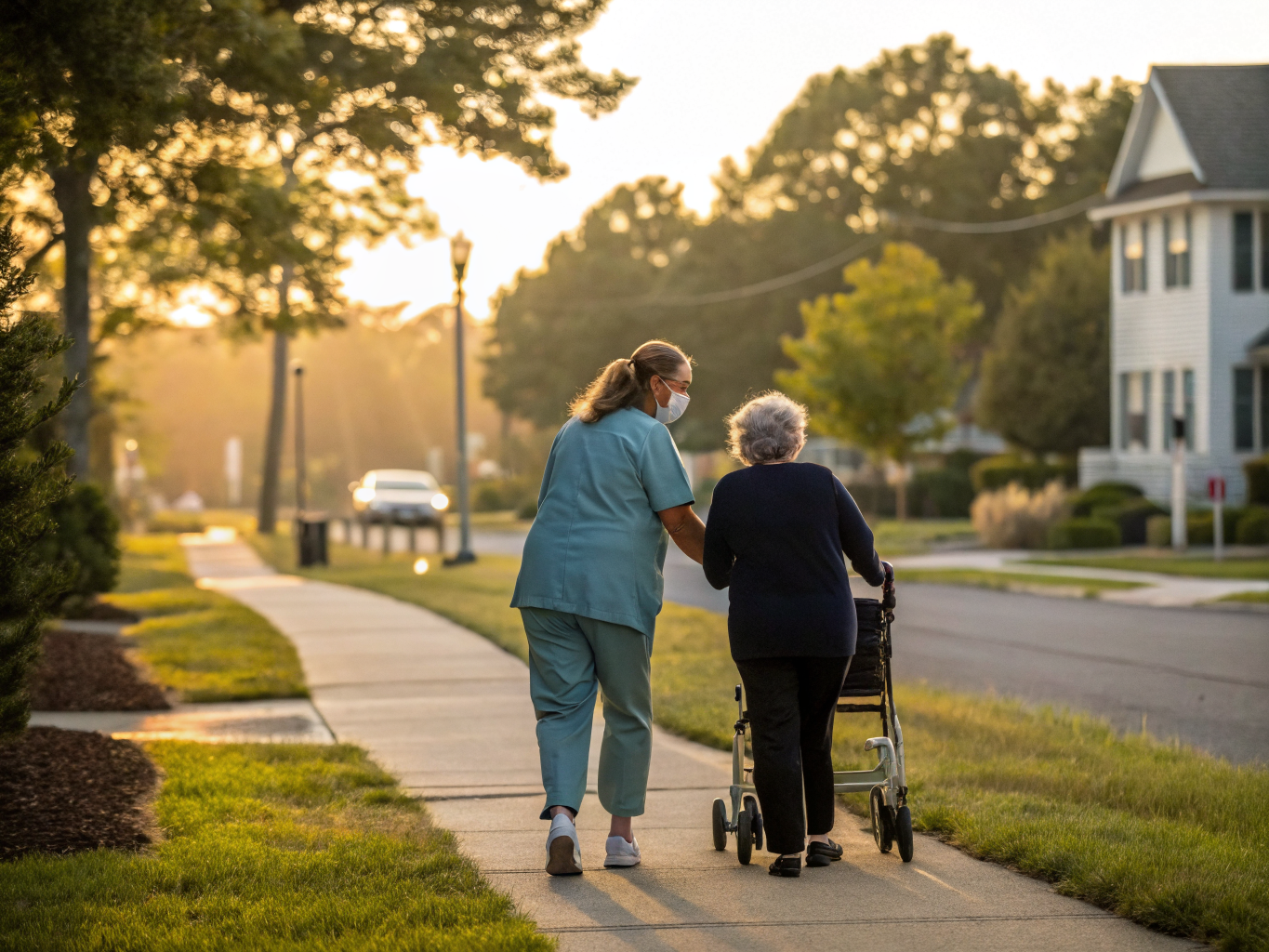 Home health aide walking with a senior resident in Stafford Township/Manahawkin NJ Ocean County