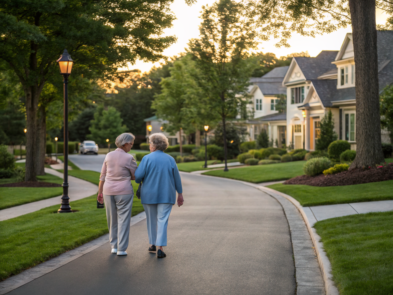 Home health aide walking with a senior resident in Summit NJ Union County