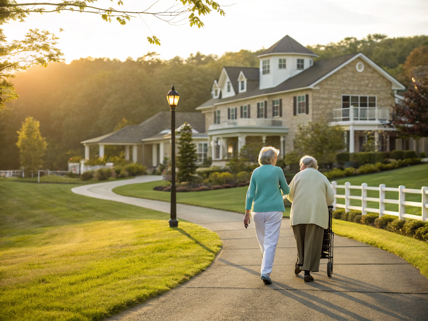Home health aide walking with a senior resident in Tewksbury Township NJ Hunterdon County