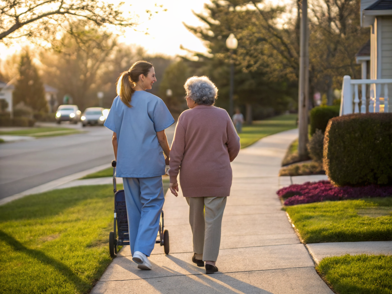 Home health aide walking with a senior resident in Toms River NJ Ocean County
