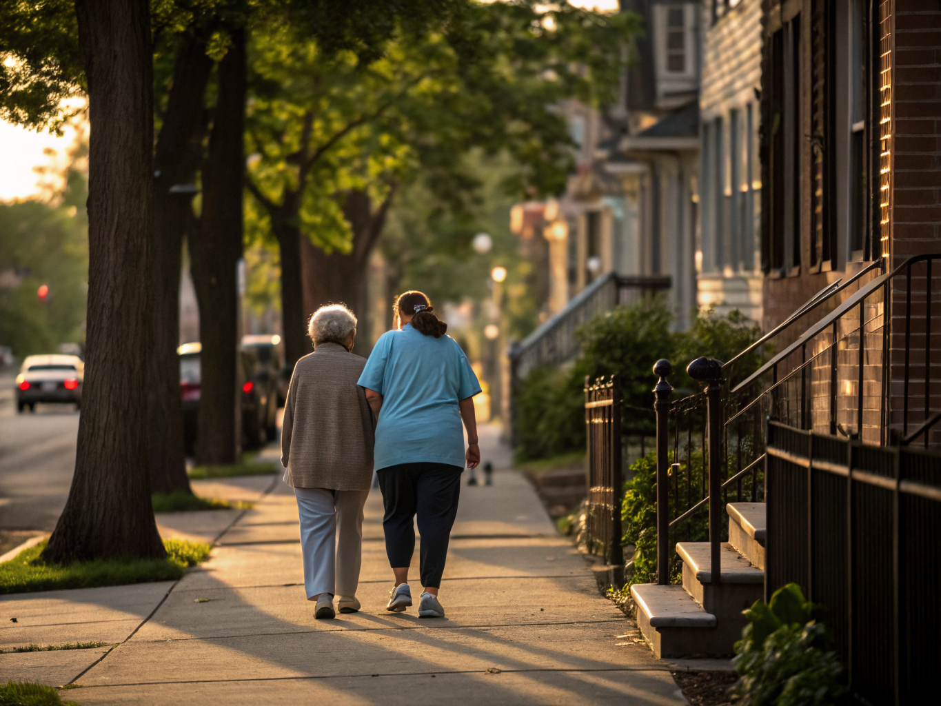 Home health aide walking with a senior resident in Trenton NJ Mercer County
