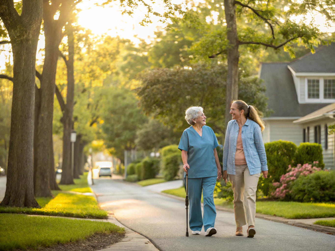 Home health aide walking with a senior resident in Union Township NJ Union County
