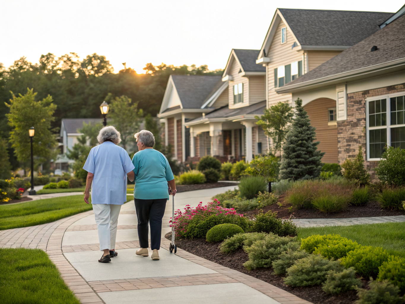 Home health aide walking with a senior resident in Waretown NJ Ocean County