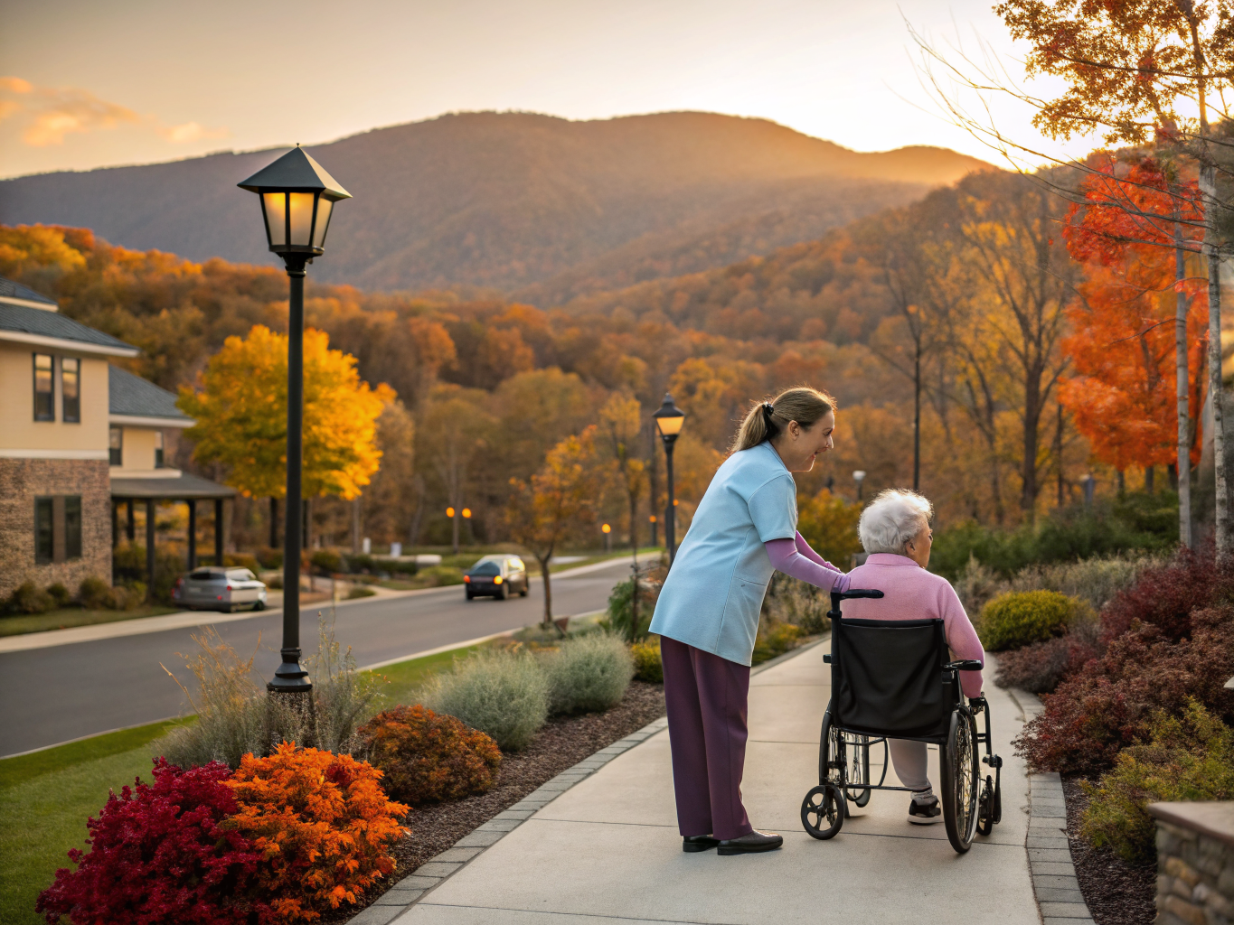 Home health aide walking with a senior resident in Warren Township NJ Somerset County