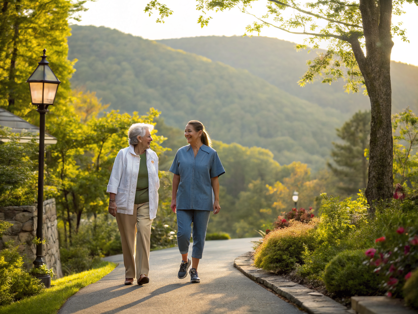 Home health aide walking with a senior resident in Watchung NJ Somerset County