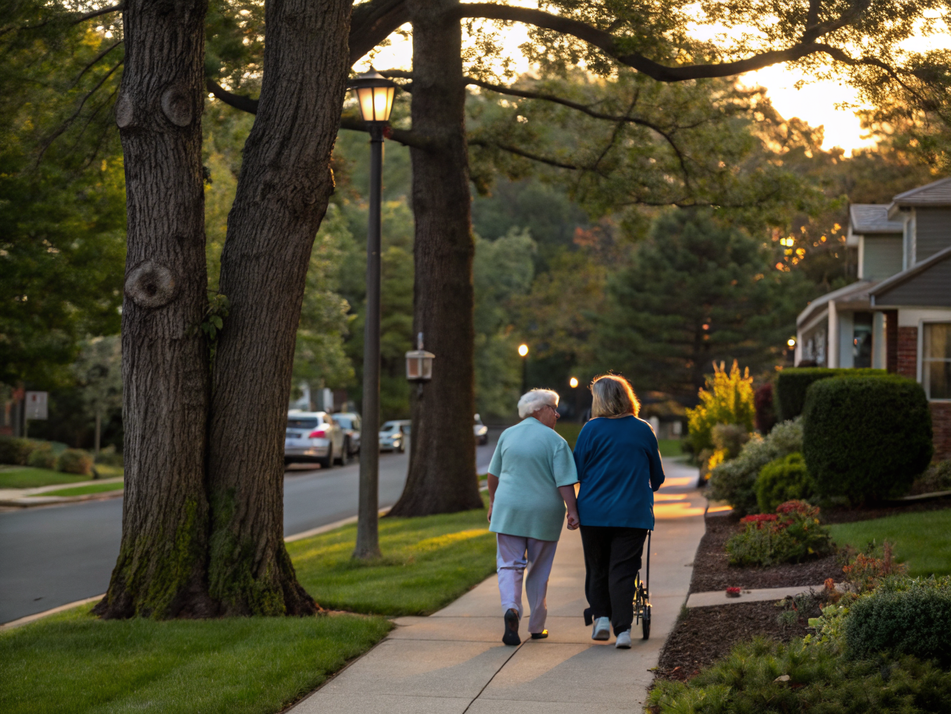 Home health aide walking with a senior resident in West Caldwell NJ Essex County