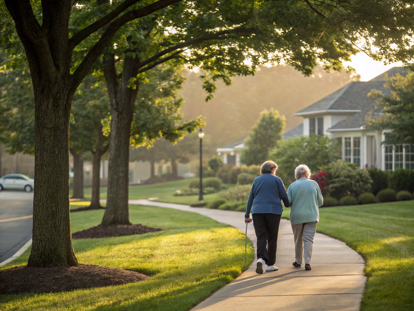 Home health aide walking with a senior resident in West Windsor NJ Mercer County