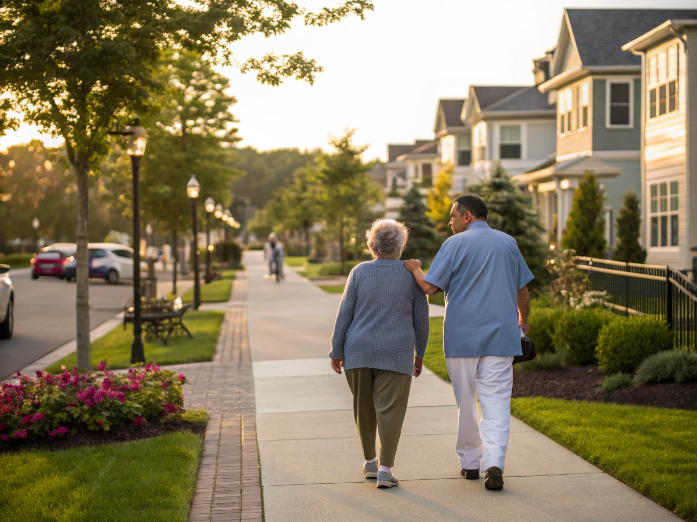 Home health aide walking with a senior resident in Westfield NJ Union County
