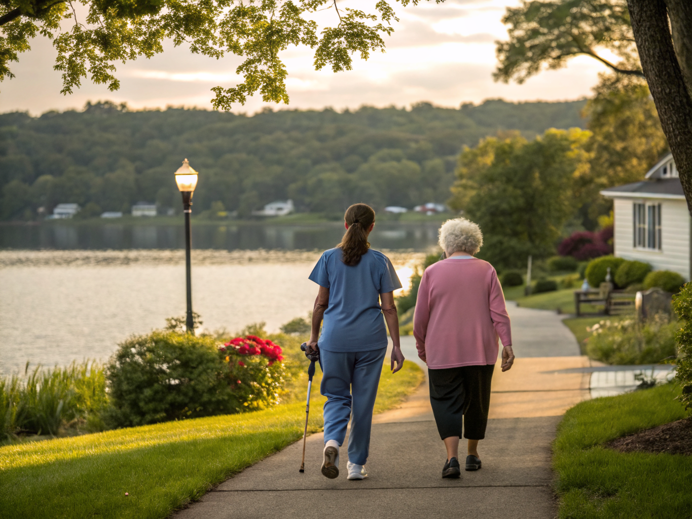 Home health aide assisting a senior resident in White Meadow Lake (Rockaway Twp) NJ Morris County