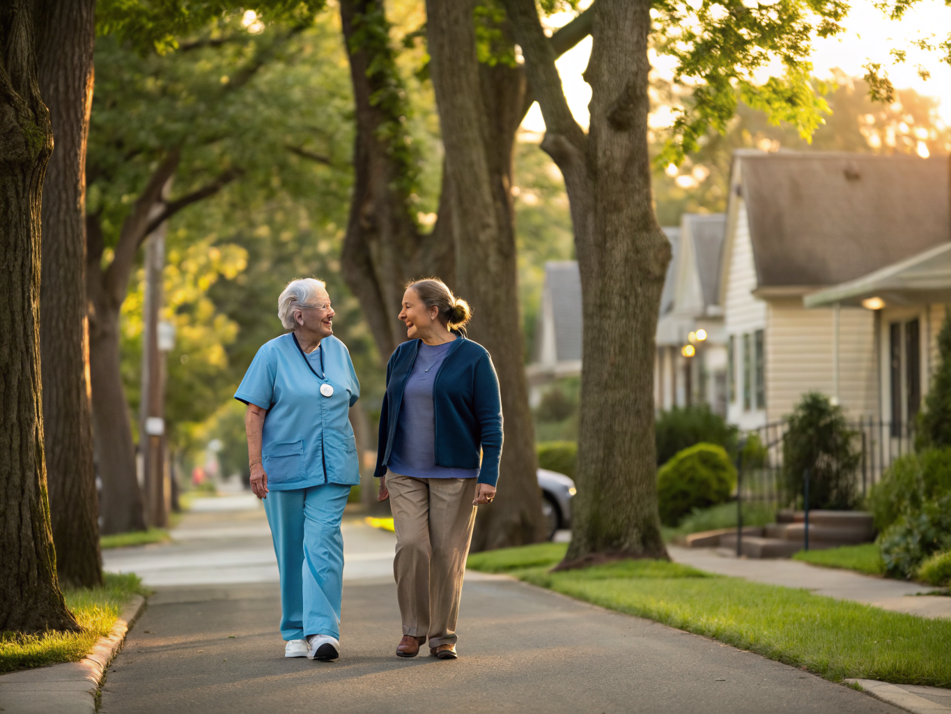 Home health aide walking with a senior resident in Woodbridge NJ Middlesex County