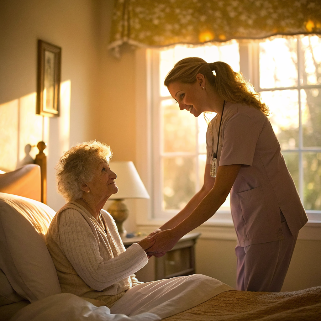 Hospice caregiver holding elderly patient's hand in a New Jersey home