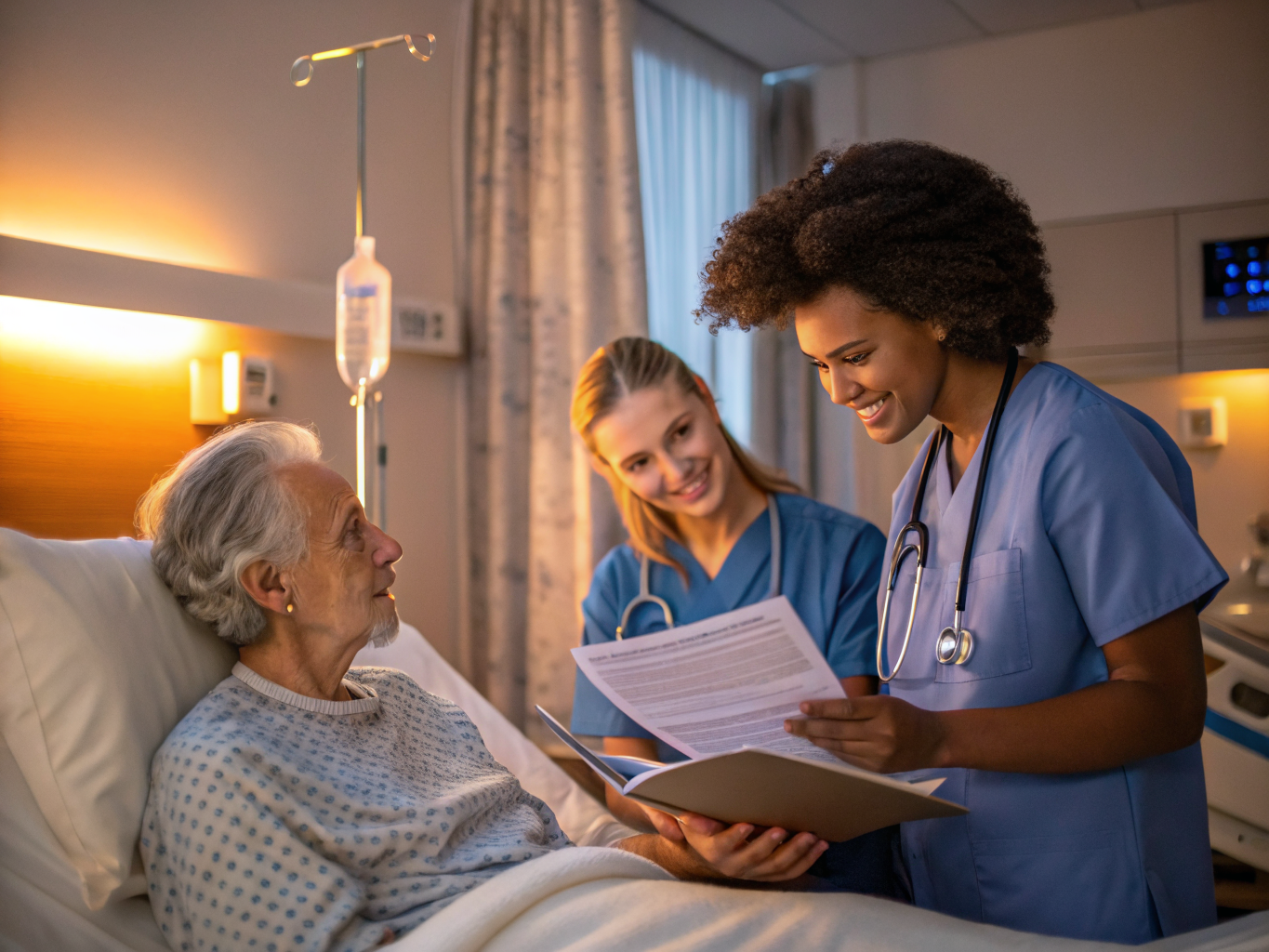 Nurse and family reviewing hospital discharge plan for elderly patient in New Jersey